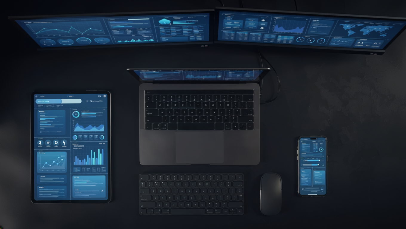 An overhead view of multiple screens showing live dashboards and data — the kind of monitoring infrastructure that runs a business without requiring constant attention