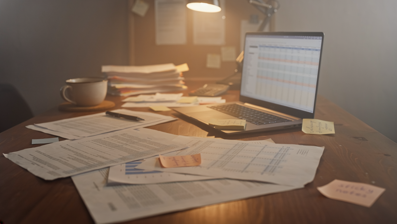 A desk buried in papers, sticky notes, and open spreadsheets — what running a business on tools that were never built for it actually looks like